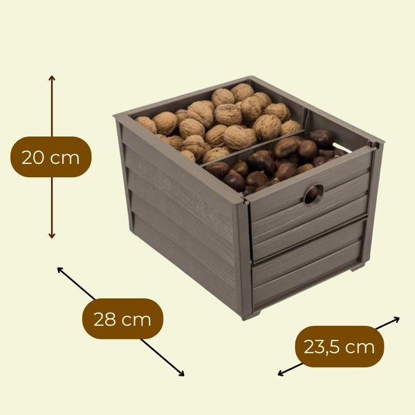 Aufbewahrungsbox aus Kunststoff in Holzoptik mit Maßen: Höhe 20 Zentimeter, Länge 28 Zentimeter, Breite 23,5 Zentimeter.