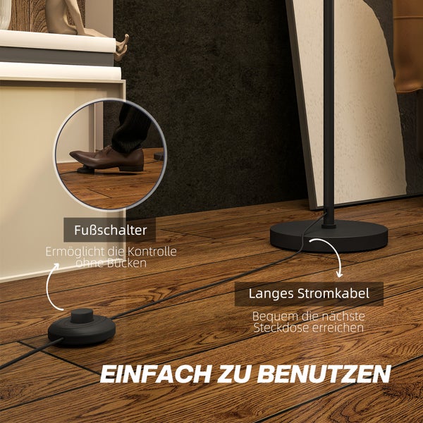 Detailaufnahme eines Fußschalters und eines langen Stromkabels einer Stehlampe.