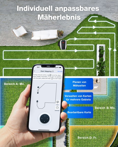 Smartphone-App zur Steuerung eines Mähroboters mit Funktionen für Mähzeiten, Kartenverwaltung und Zonenplanung im Garten.