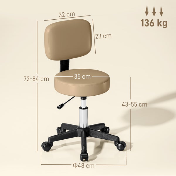 Gepolsterter Arbeitshocker mit Rückenlehne, höhenverstellbar, Maße: Sitz 43 bis 55 Zentimeter, Tragkraft bis 136 Kilogramm.