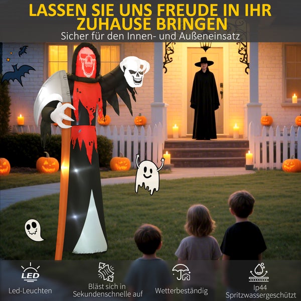 Beleuchtete Halloween Dekoration mit Sensenmann und Geistern im Garten vor dem Haus