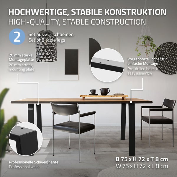 ML-Design 2er Set Tischbeine Loft 75x72 cm, Schwarz, Profil 8x2 cm, aus Stahl, Industriedesign, U-Form, Metall Tischgestell scandic, Tischkufen Tischuntergestell Möbelfüße, für Esstisch/Schreibtisch