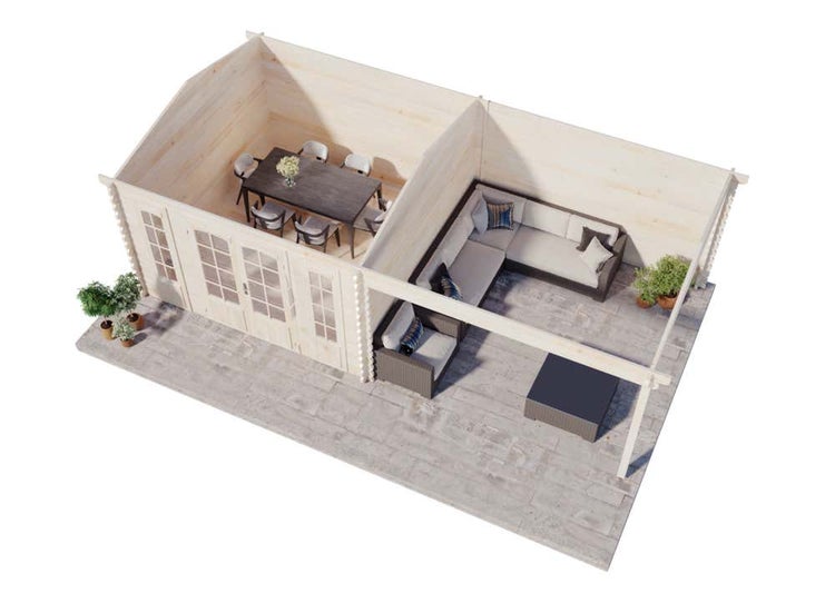 Draufsicht auf ein helles Gartenhaus aus Holz mit einem Innenbereich inklusive Esstisch und einer überdachten Terrasse mit Lounge-Möbeln.