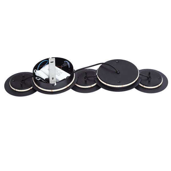 Deckenleuchte mit fünf runden Lampenschirmen aus Metall