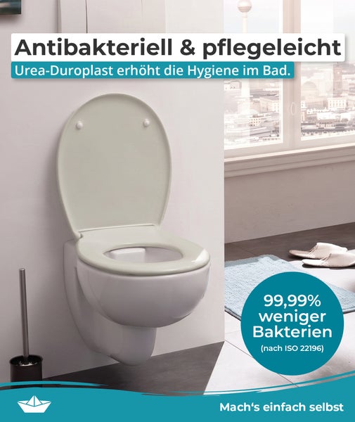 Wandhänge WC mit antibakteriellem Urea-Duroplast Toilettensitz und 99,99 Prozent weniger Bakterien gemäß ISO 22196 Norm für hohe Hygiene im Bad.