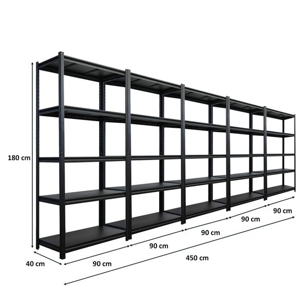 Langes, schwarzes Metallregal mit mehreren Regalebenen und Maßangaben.