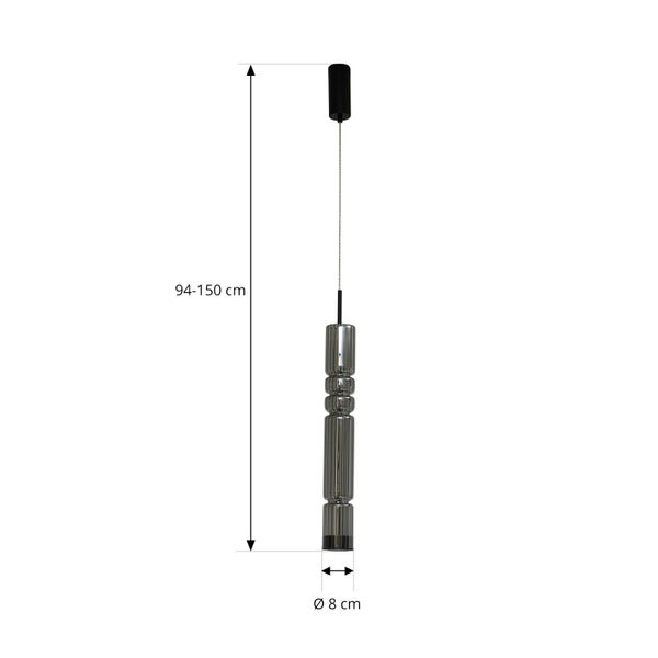 Pendelleuchte mit zylindrischem Glasschirm, Höhe verstellbar von 94 bis 150 Zentimeter, Durchmesser 8 Zentimeter.