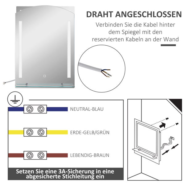 Installationsgrafik für einen LED-Badspiegel mit Ablage, zeigt die Verdrahtung von Phase, Nullleiter und Erde sowie die Wandmontage.