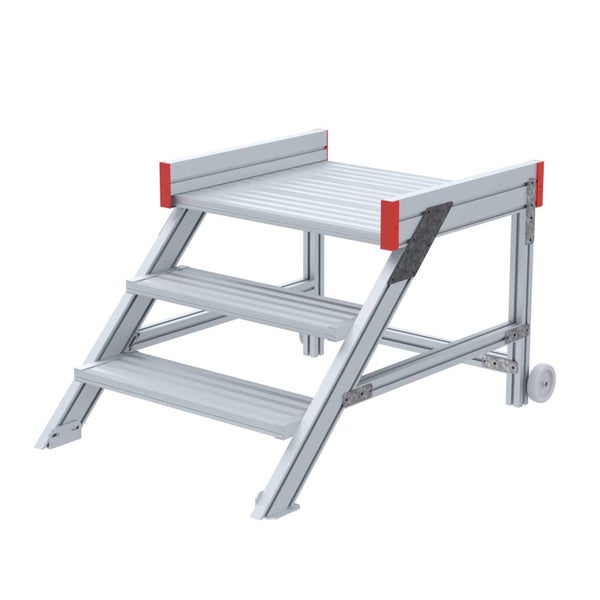 Aluminium-Arbeitspodest mit drei Stufen und Transportrollen.