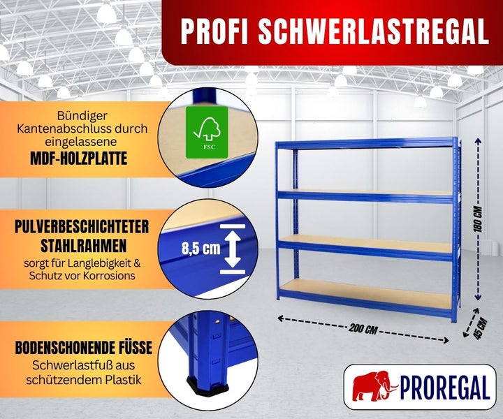 Blaues Schwerlastregal aus Stahl mit MDF-Platten. Maße 180 mal 200 mal 45 Zentimeter. FSC-zertifiziert, Stahlrahmen, Kunststofffüße. Proregal Logo.