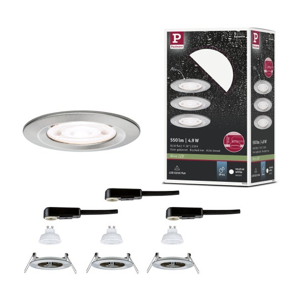 Paulmann LED Einbaustrahler Set Nova 3er Set, Eisen gebürstet, IP44 spritzwassergeschützt, inklusive GU10 Leuchtmittel, 550 Lumen, Paulmann Logo.