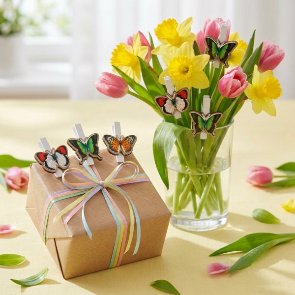 Dekorative Holzklammern mit Schmetterlingsmotiven als Frühlingsdekoration auf einem Geschenk und in einem Blumenstrauß mit Narzissen und Tulpen.