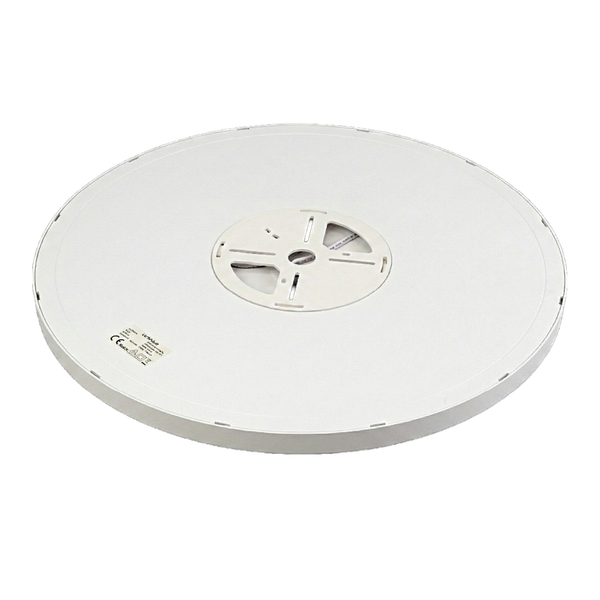 Rundes, flaches LED-Panel in Weiß, Rückansicht mit zentraler Halterung.