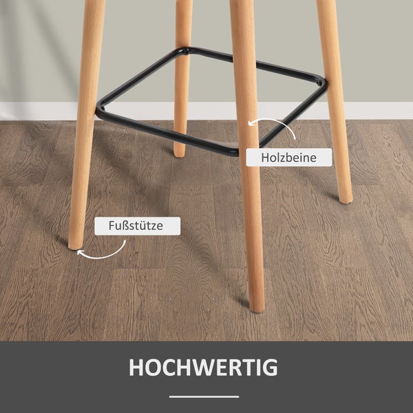 HOMCOM Barhocker 2er Set, Barstuhl mit Sitzkissen, Holzbeine, Rückenlehne und Armlehnen, Küchenstühle mit Fußstütze aus Holz, Tresenhocker für Küche, Wohnzimmer, Esszimmer, Leinenoptik, Grau