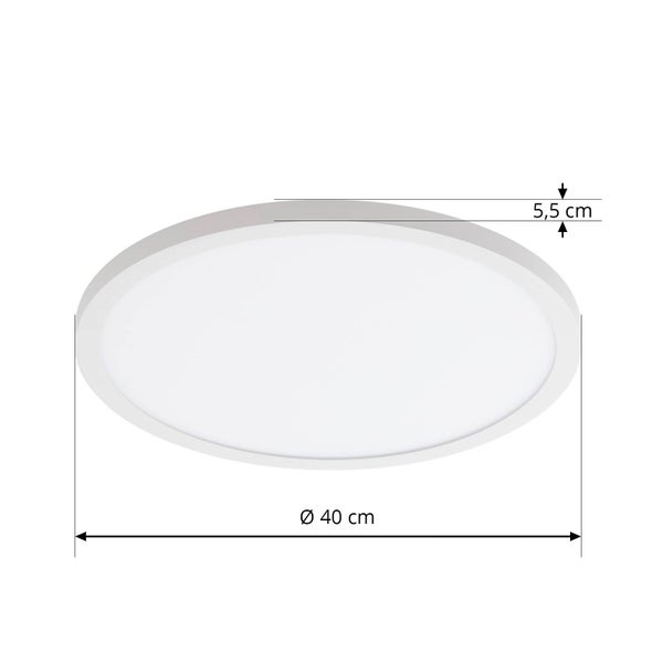 Runde weiße LED-Deckenleuchte mit einem Durchmesser von 40 Zentimetern und einer Höhe von 5,5 Zentimetern.