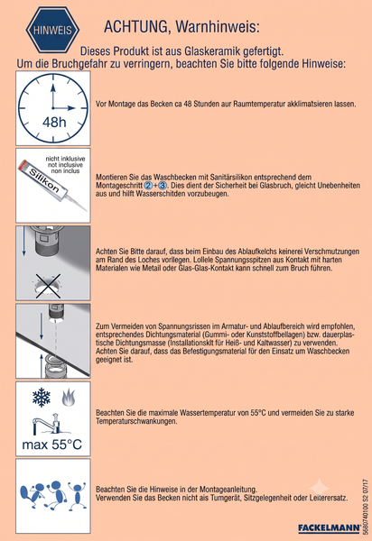Montagehinweise für Glaskeramik-Waschbecken: Akklimatisierung, Silikon, 55 Grad Maximaltemperatur und Sicherheit. Fackelmann Logo.