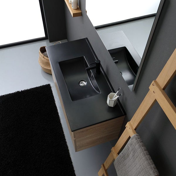 100cm Holzoptik-Unterschrank mit Auszug und Keramik-Waschtisch | Sole