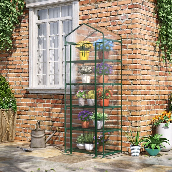 Outsunny Foliengewächshaus, Mini-Gewächshaus mit 5 Regale,  69 x 49 x 193 cm,  Stahl Kunststoff, Transparent+Grün