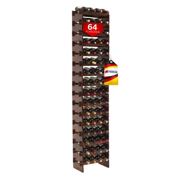 Hohes Weinregal aus Holz mit einer Kapazität von 64 Flaschen, bestückt mit Weinflaschen.
