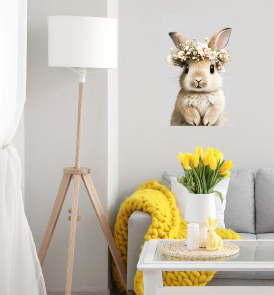 Wandbild, Hasen, Sticker, selbstklebend, niedlich, Tiermotiv, Bild, Blumenkranz WAP00008 Format: 60x90cm