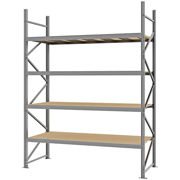 Stabiles Weitspannregal aus Metall mit vier Spanplattenboeden, ideal fuer die Werkstatt oder das Lager.