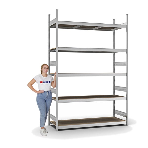 PROREGAL Weitspannregal Stecksystem T-Profil Grundregal HxBxT 300x200x60 cm 5 Ebenen Spanplatten Fachboden Fachlast 350 kg Verzinkt