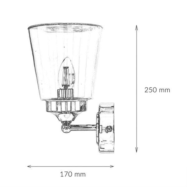 Skizze einer Wandleuchte mit den Maßen 250 mm Höhe und 170 mm Breite