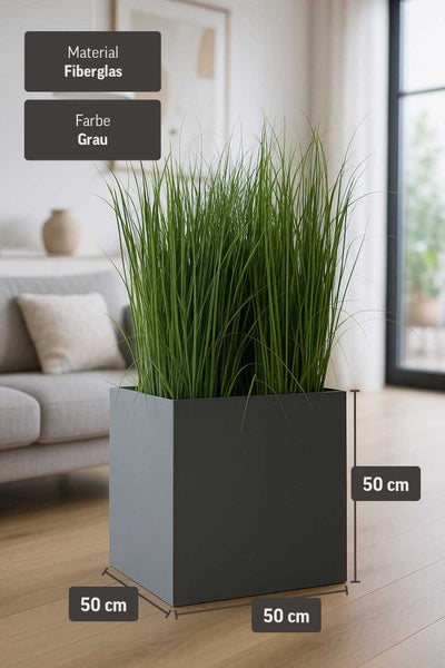 Quadratischer Pflanzkübel aus Fiberglas in Grau, 50 mal 50 mal 50 Zentimeter, bepflanzt mit hohen Gräsern in einem hellen, modern eingerichteten Raum.