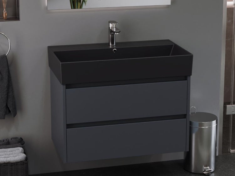 Aqua Bagno Basic Plan Waschbecken 10.16.30.06.04 – 80 x 45 cm – Schwarz Matt – Keramikbecken mit Hahnloch & Überlauf