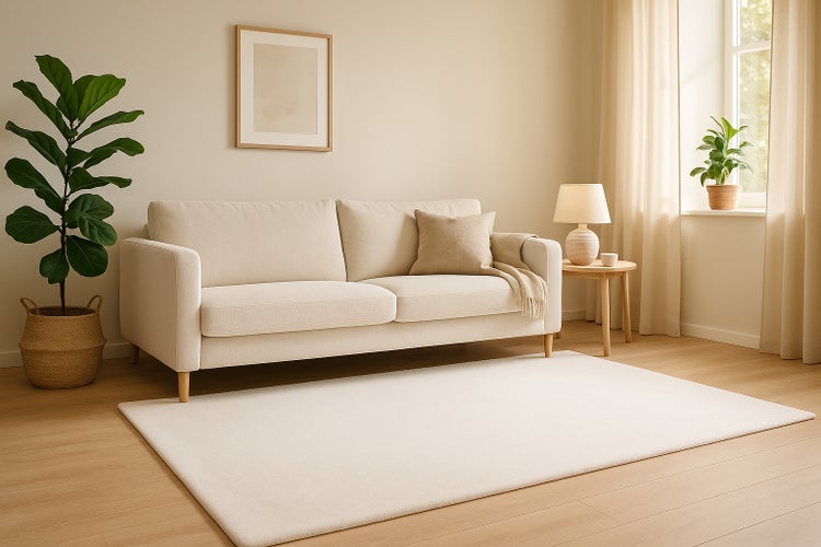 Helles, modern eingerichtetes Wohnzimmer mit Sofa, Beistelltisch, Stehlampe, Zimmerpflanze in Flechtkorb und Teppich auf Holzboden.