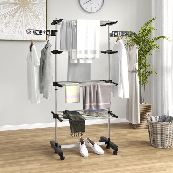 HOMCOM Wäscheständer mit Rollen Wäschetrockner Turm, Standtrockner mit Klappbarem Flügel, Wäscheturm für Indoor, Outdoor, Stahl 142 x 55 x 172 cm, Schwarz