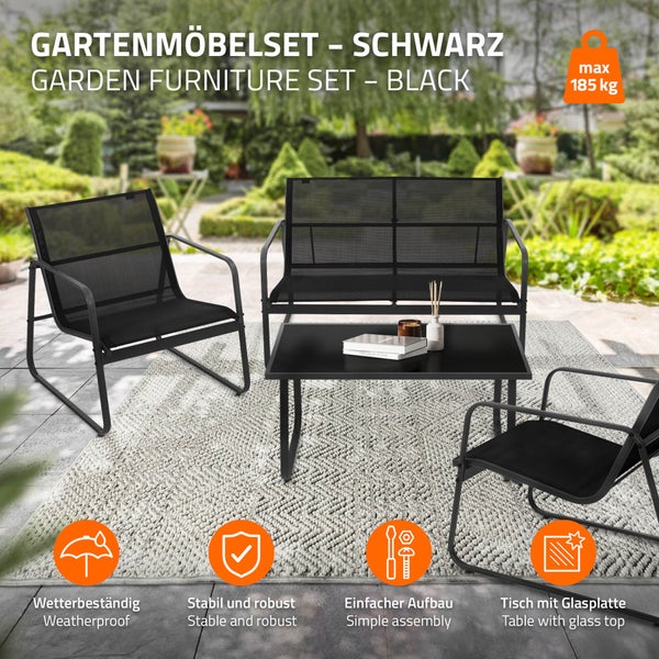 ML-Design Gartenmöbel Set 4-tlg, Schwarz, Balkonmöbel aus Stahl & Textilene für 4 Personen, Garten Sitzgruppe mit Glastisch, Sofa und 2 Sesseln, wetterfest, Gartengarnitur Outdoor für Balkon, Terrasse