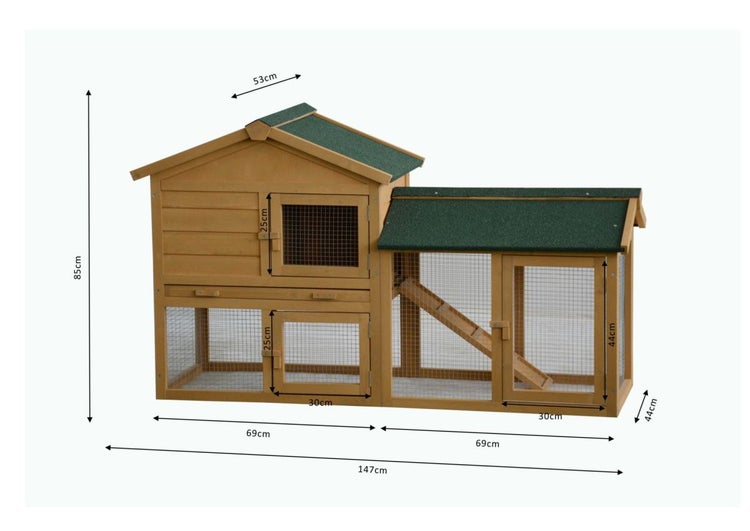 Holz-Kleintierstall mit Freilauf, grünem Bitumendach und Maßangaben: Breite 147 Zentimeter, Höhe 85 Zentimeter, Tiefe 53 Zentimeter.