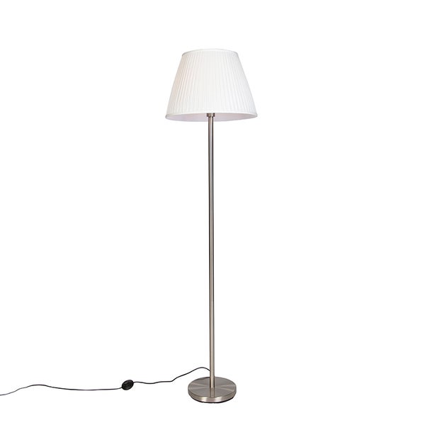 QAZQA - Moderne Stehlampe Stahl I Silber I nickel matt mit weißem Faltenschirm 45 cm - Simplo I Wohnzimmer I Schlafzimmer - Textil Länglich I Rund - LED geeignet E27