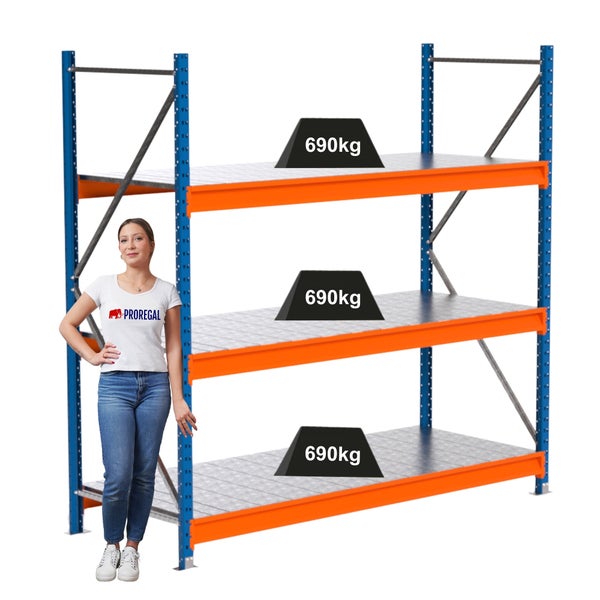 Lagerregal mit drei Ebenen und einer Traglast von 690 Kilogramm pro Ebene
