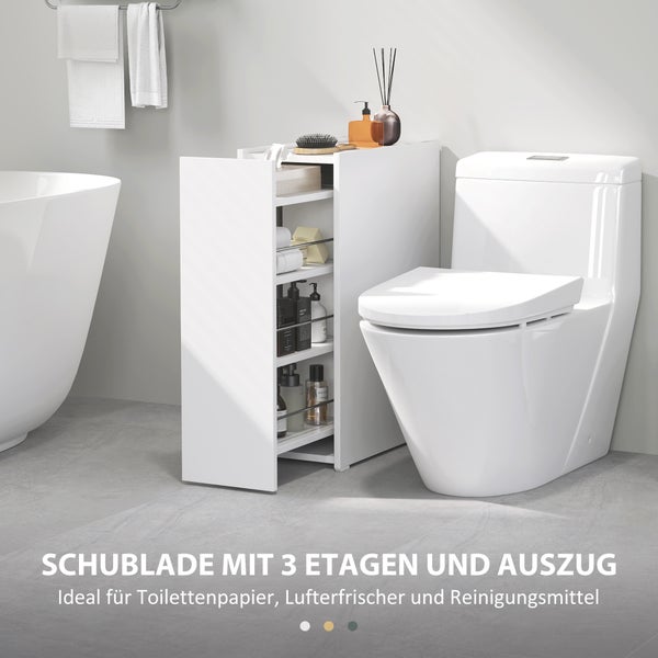 HOMCOM Nischenschrank Badezimmerschrank schmal, Toilettenschrank mit Rad, Schublade inkl. 3 tiefe Fächer, Beistellschrank Badschrank für kleine Räume, Wohnzimmer, Badezimmer, 47 x 25 x 66,5 cm Weiß