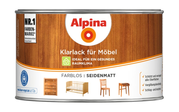 Alpina Klarlack für Möbel, farblos, seidenmatt, schlagfest und kratzfest, Blauer Engel zertifiziert für ein gesundes Raumklima.