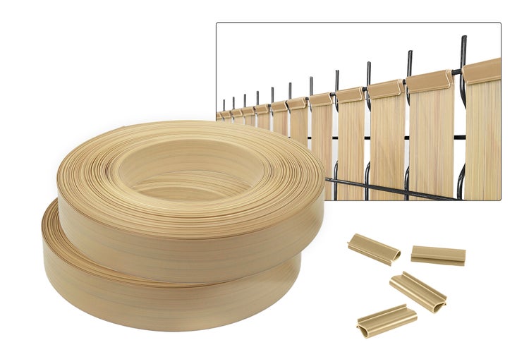 Zaunfolie auf Rolle mit Befestigungsclips und Anwendungsbeispiel