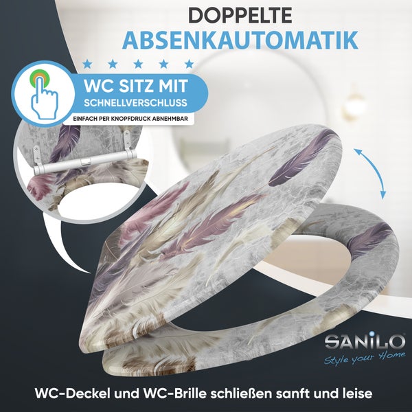 Sanilo WC-Sitz mit Federmotiv, doppelter Absenkautomatik und Schnellverschluss zum Abnehmen per Knopfdruck. Sanilo Logo.