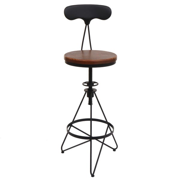 Barhocker mit Rückenlehne, Sitz aus Holz, Gestell aus Metall