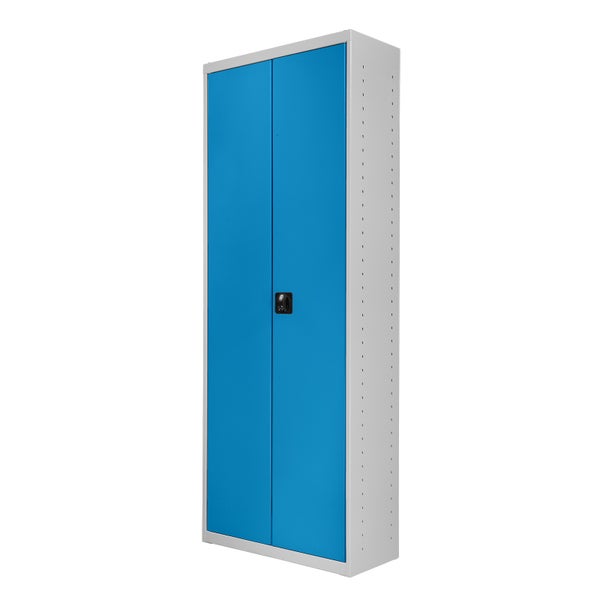 PROREGAL Flügeltürenschrank Owl mit 15 Fachböden + 90 Sichtlagerkästen | HxBxT 195x71x30cm | Lichtgrau/Lichtblau | Spind, Kleinteillager