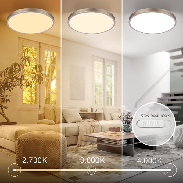 LED Deckenleuchte mit einstellbarer Farbtemperatur von 2700 bis 4000 Kelvin für verschiedene Lichtstimmungen im Wohnzimmer.