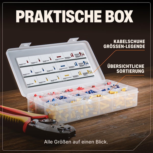 BAURIX® Kabelschuhe Set 700 Stück I Quetschverbinder Sortiment I Steckverbinder, Flachsteckhülsen, Ringkabelschuhe, Rundstecker, Stoßverbinder