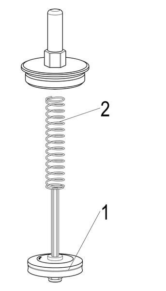 Technische Zeichnung eines Ersatzteilsatzes mit Feder und Ventilteil, nummeriert mit 1 und 2.
