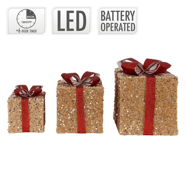 ECD Germany 3er Set LED Geschenkboxen Weihnachten mit Schleifen, Hellbraun-Rot, Warmweiß, batteriebetrieb, mit Timer, Weihnachtsdeko Geschenk Beleuchtet Weihnachtsbaum Dekoration Weihnachtsgeschenkbox