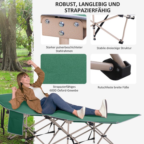 Outsunny Feldbett mit Aufbewahrungstasche, Faltbares Campingbett, Campingliege, Inkl. Tragetasche, Stahl Oxford, Grün, 190 x 68 x 52 cm