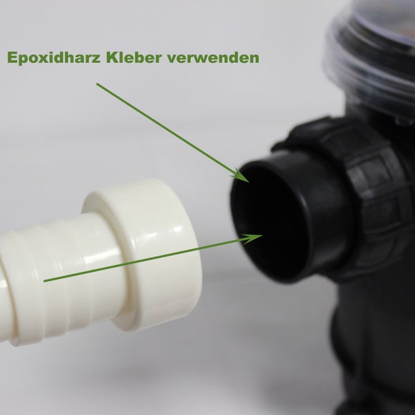 Montageanleitung für Pumpenanschluss mit Hinweistext Epoxidharz Kleber verwenden zur festen Verbindung von Schlauchtülle und Pumpengehäuse