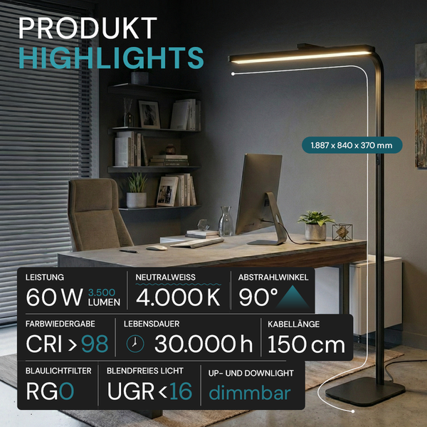 Stehleuchte im modernen Arbeitszimmer mit den Produkt-Highlights: 60 Watt Leistung, 3500 Lumen, 4000 Kelvin neutralweißes Licht, 90 Grad Abstrahlwinkel, Farbwiedergabeindex größer 98, Lebensdauer 30000 Stunden, Kabellänge 150 Zentimeter, Blaulichtfilter RGO, blendfreies Licht, dimmbar und Up- und Downlight