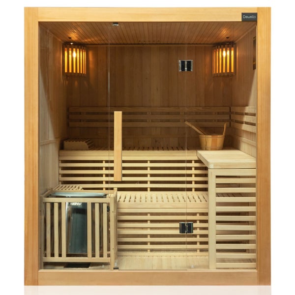 Dewello® Finnische Traditionelle Sauna SARNIA 180cm x 140cm inkl. 6 KW Harvia Ofen, inkl.  Aufguss-Set, Sanduhr, Thermometer