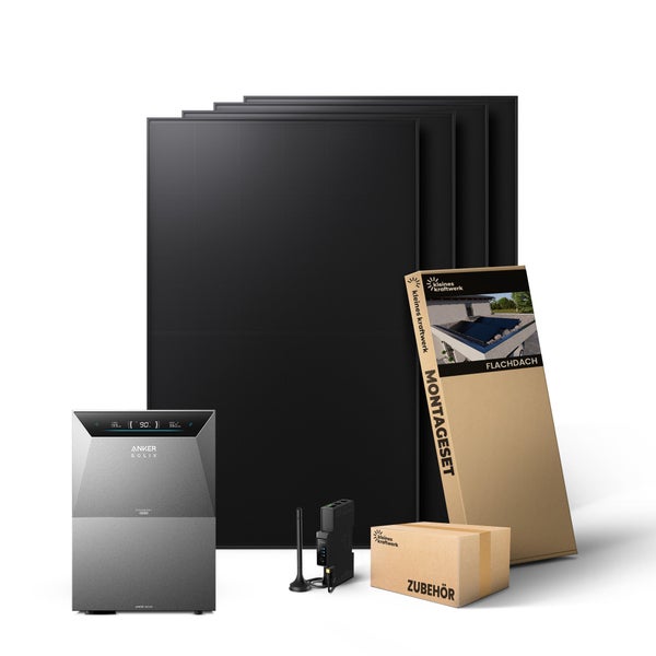 Balkonkraftwerk Komplettset von kleines kraftwerk mit vier Solarmodulen, Anker SOLIX Solarspeicher, Montageset für Flachdach und Zubehörbox.